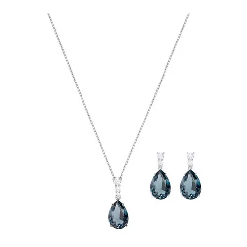 Set Dây Chuyền + Khuyên Tai Nữ Swarovski Vintage Necklace And Drop Pierced Earring Màu Xanh Bạc