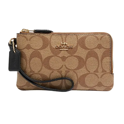 Túi Cầm Tay Nữ Coach Double Corner Zip Wristlet In Blocked Signature Canvas C1859 Màu Nâu