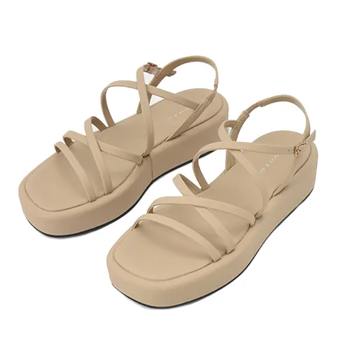 Dép Sandal Charles & Keith CNK Strappy Padded Flatforms – Sand 80380069 Màu Nude