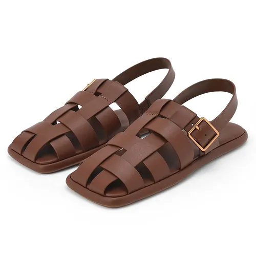 Dép Sandal Nữ Charles & Keith CNK Metallic Buckle Caged Slingback Sandals Brown 71870005 Màu Nâu