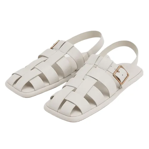 Dép Sandal Nữ Charles & Keith CNK Metallic Buckle Caged Slingback Sandals Chalk 71870005 Màu Trắng Kem