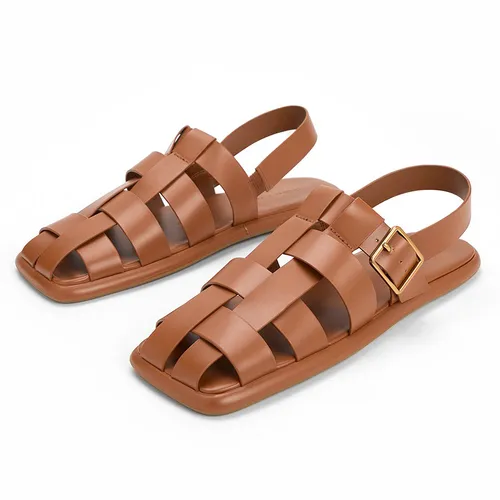 Dép Sandal Nữ Charles & Keith CNK Metallic Buckle Caged Slingback Sandals Cognac 71870005 Màu Nâu Sáng