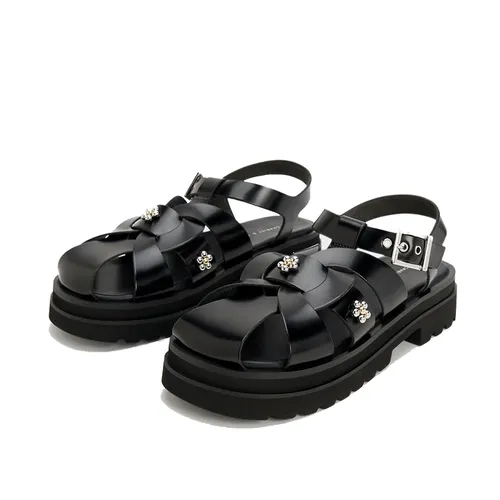 Dép Sandal Nữ Charles & Keith CNK Nell Gladiator Floral-Embellished Black Boxed 70380995 Màu Đen Size 35