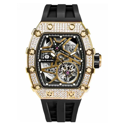 Đồng hồ - Đồng Hồ Nam Tsar Bomba Cubic Zirconia Like Diamond TB8209D-GB Màu Đen Vàng - Vua Hàng Hiệu