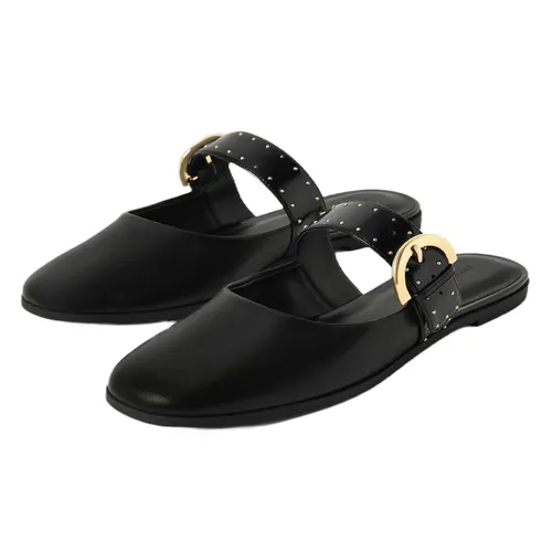 Giày Sục Nữ Charles & Keith CNK Studded Buckled Flat Mules Black 70580187 Màu Đen