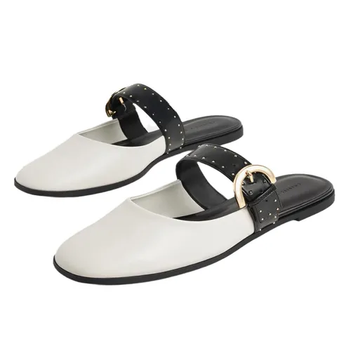 Giày Sục Nữ Charles & Keith CNK Studded Buckled Flat Mules Chalk  70580187 Màu Trắng Kem