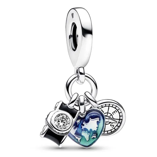 Hạt Vòng Charm Pandora Camera, Heart & Compass Triple Dangle 792703C01 Màu Bạc