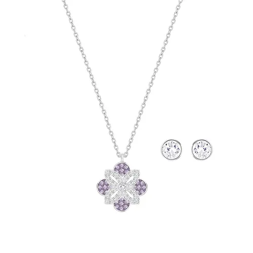 Set Dây Chuyền + Khuyên Tai Nữ Swarovski Duo Gourmet Romantic Clover Pattern Original 5258907 Màu Bạc Tím