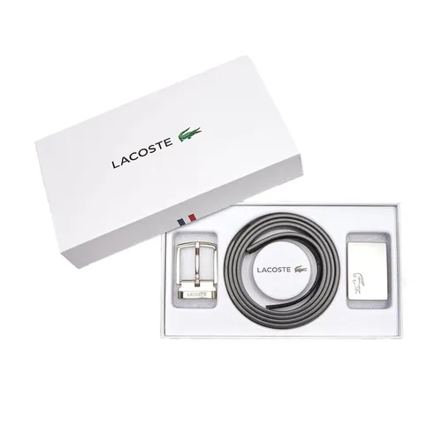 Set Thắt Lưng Lacoste Men's Reversible Leather Belt And 2 Buckles Gift Set Màu Xám/Đen Size 110