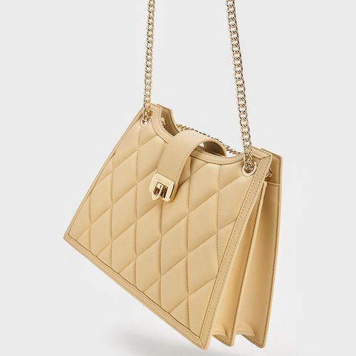 Túi Đeo Vai Nữ Charles & Keith CNK Cressida Quilted Trapeze Chain Bag CK2-30151307 Màu Be-2