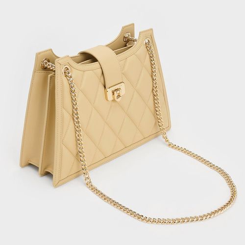 Túi Đeo Vai Nữ Charles & Keith CNK Cressida Quilted Trapeze Chain Bag CK2-30151307 Màu Be-3