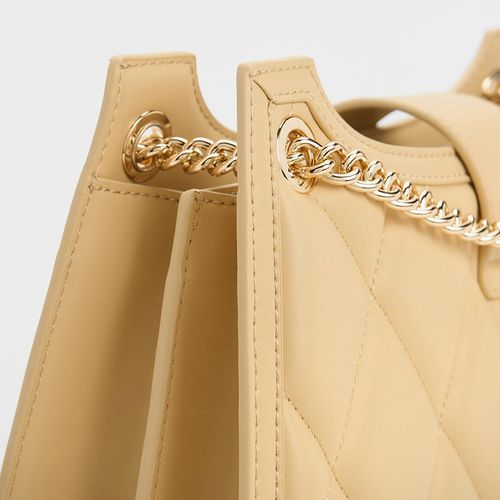 Túi Đeo Vai Nữ Charles & Keith CNK Cressida Quilted Trapeze Chain Bag CK2-30151307 Màu Be-4