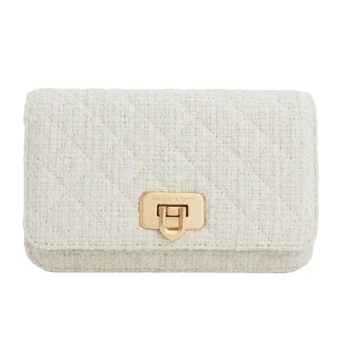 Ví Nữ Charles & Keith CNK Cressida Tweed Push-Lock Clutch - Chalk 70160131-1 Màu Trắng Kem