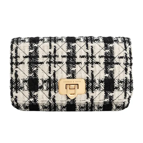 Ví Nữ Charles & Keith CNK Cressida Tweed Push-Lock Clutch - Multi 70160131-1 Màu Đen Trắng