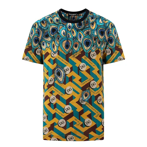 Áo Phông Nam Dolce & Gabbana D&G Feather-Print Cotton T-Shirt G8KBATFI7O2 Màu Xanh/Vàng Size 48