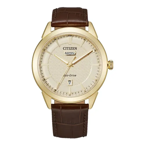 Citizen - Đồng Hồ Nam Citizen Eco-Drive Rolan Champagne Dial Leather Strap AW0092-07Q Màu Vàng Nâu - Vua Hàng Hiệu