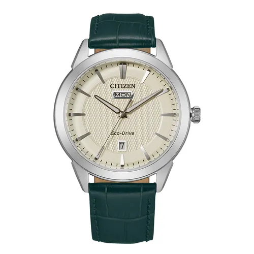 Đồng Hồ Nam Citizen Eco-Drive Rolan Ivory Dial Leather Strap AW0090-11Z Màu Xanh Bạc