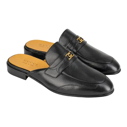 Giày Sục Nam Gucci Black Leather Gold Logo 692251-030 Màu Đen Size 40