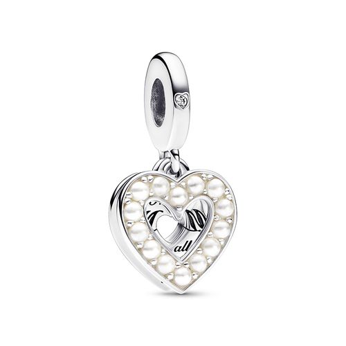 Hạt Vòng Charm Pandora  792649C01 Pearlescent White Heart Mum Double Dangle Charm Màu Bạc