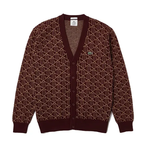 Thời trang - Áo Cardigan Lacoste Jacquard Monogram Patterned AH6825 Màu Đỏ Mận Size S - Vua Hàng Hiệu