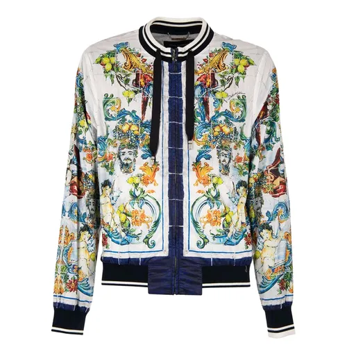 Dolce & Gabbana Áo khoác 100%Polyester - Áo Khoác Nam Dolce & Gabbana D&G Majolica Baroque Printed Bomber Jacket G9LI4THPM17 Màu Trắng Xanh Size 46 - Vua Hàng Hiệu