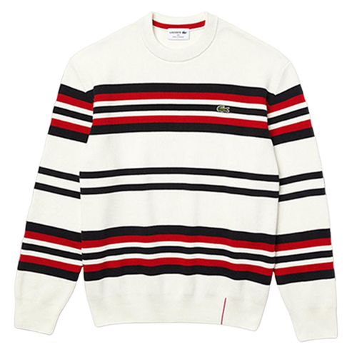 Áo Len Lacoste Men's Made In France Striped Organic Cotton Crew Neck Sweater Màu Trắng/Đen/Đỏ Size S