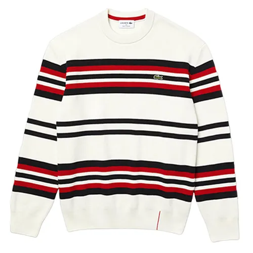 Áo Len Lacoste Men's Made In France Striped Organic Cotton Crew Neck Sweater Màu Trắng/Đen/Đỏ Size XS