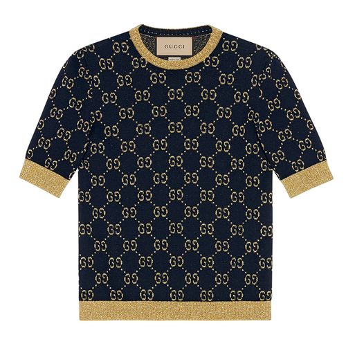 Áo Phông Nữ Gucci Navy With GG Lame Logo Printed Tshirt 526759 X9W83/4921 Màu Xanh Phối Vàng-1