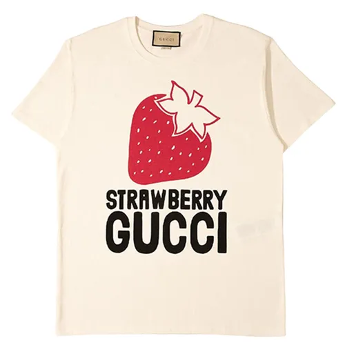 Gucci Áo phông - Áo Phông Unisex Gucci Strawberry Cotton TShirt Màu Be - Vua Hàng Hiệu