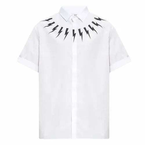 Neil Barrett - Áo Sơ Mi Cộc Tay Nam Neil Barrett Fair Isle Thunderbolt Shirt PBCM068SU002S526 Màu Trắng Size S - Vua Hàng Hiệu