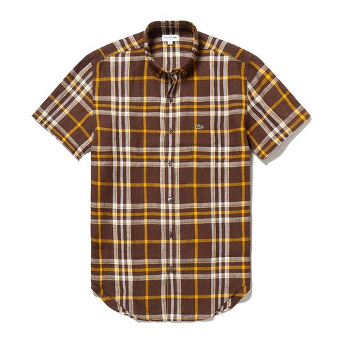 Áo Sơ Mi Nam Lacoste Regular Fit Linen Check Shirt CH6182-4PR Màu Kẻ Nâu Size 38