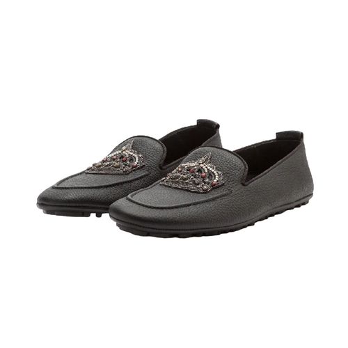 Giày Lười Nam Dolce & Gabbana D&G Moca Calfskin Slippers With Crown Embroidery In Black Màu Đen Size 40-1