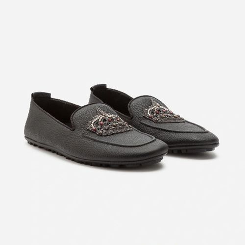 Giày Lười Nam Dolce & Gabbana D&G Moca Calfskin Slippers With Crown Embroidery In Black Màu Đen Size 40-2