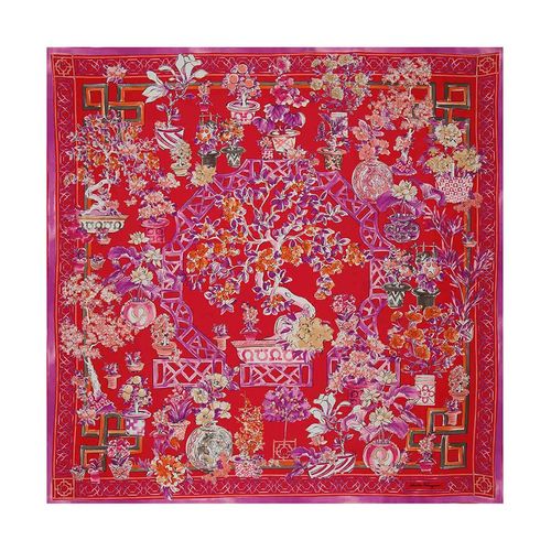 Khăn Nữ Salvatore Ferragamo Bonsai Red Print Silk Foulard Scarf Màu Đỏ Tím