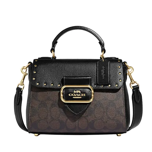 Túi Đeo Chéo Nữ Coach Top Handle Satchel In Colorblock Signature Canvas With Rivets CF322 Màu Nâu/Đen