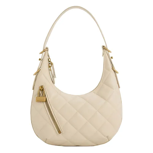 Túi Đeo Vai Nữ Charles & Keith CNK Swing Padlock Quilted Crescent Bag 40271240 Màu Beige