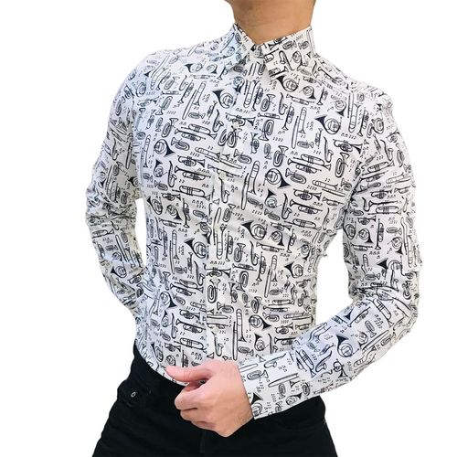Áo Sơ Mi Nam Dolce & Gabbana D&G Men's Instruments Print Long Sleeve Shirt G5DB2T Màu Đen Trắng Size 38