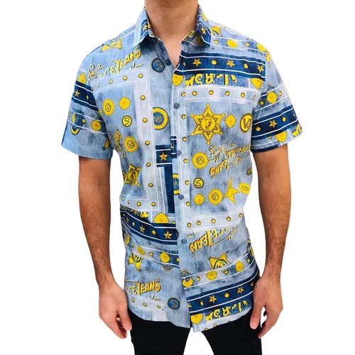 Áo Sơ Mi Nam Versace Short Sleeve Shirt B1GTB6SA Phối Màu Xanh Vàng Size 48