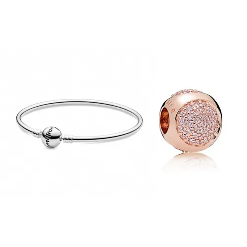 Combo Vòng Đeo Tay Pandora Moments One In A Million Clasp Bangle 598084 Màu Bạc + Hạt Vòng Charm Pandora 786214PCZ Vàng Hồng
