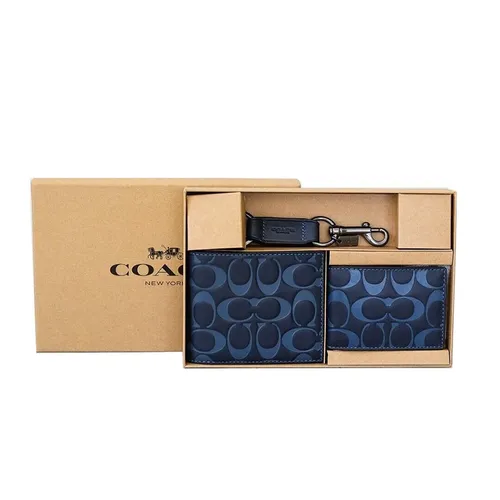 Túi xách Coach Nam Ví - Set Ví Nam Coach Boxed 3 In 1 Wallet Gift Set In Signature Leather CJ737 Màu Xanh Navy - Vua Hàng Hiệu