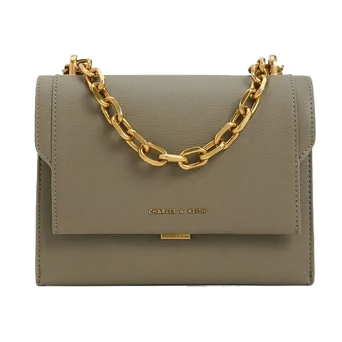 Túi Đeo Chéo Nữ Charles & Keith CNK Front Flap Chain Handle Crossbody Bag 80701349 Màu Khaki