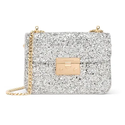 Túi Đeo Chéo Nữ Charles & Keith CNK Glittered Push-Lock Chain-Handle Bag Silver 80701360-1 Màu Bạc
