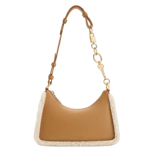 Túi Đeo Vai Nữ Charles & Keith CNK Fur-Trim Lock & Key Chain Handle Bag Camel 20271269-1 Màu Nâu