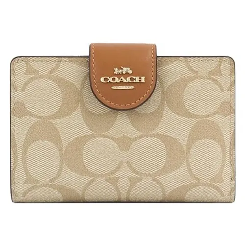 Coach - Ví Nữ Coach Medium Corner Zip Wallet In Signature Canvas In Light Khaki/ Light Saddle C0082 Màu Nâu Be - Vua Hàng Hiệu
