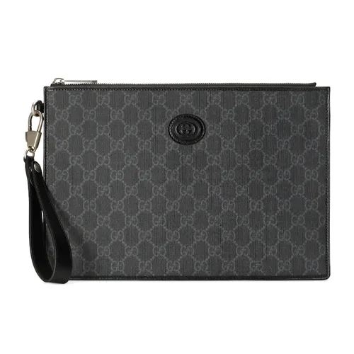 Túi xách - Túi Cầm Tay Nam Gucci Supreme Canvas Interlocking GG Pouch Màu Đen - Vua Hàng Hiệu