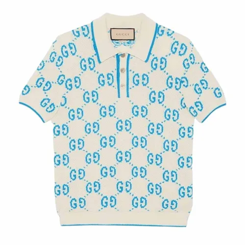Thời trang Gucci Trắng - Xanh Áo Polo - Áo Polo Nam Gucci GG Knitted Cotton Polo Shirt 741962 XKC6B 9028 Màu Trắng Xanh - Vua Hàng Hiệu