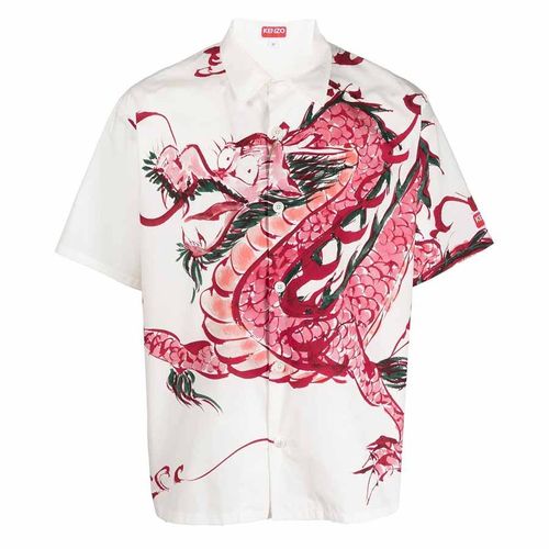 Áo Sơ Mi Nam KenZo Dragon Graphic Print Cotton Shirt Màu Trắng Hoạ Tiết