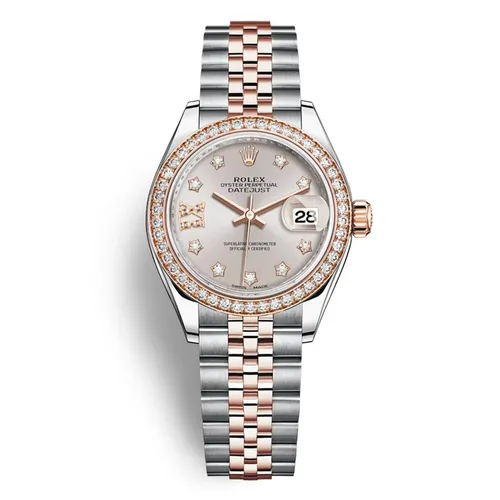 Rolex Nữ Bạc, vàng hồng Thép không gỉ 904L, vàng hồng 18k - Đồng Hồ Nữ Rolex Steel Everose Gold Rolesor Lady-Datejust 28mm 279381RBR Màu Bạc Vàng Hồng - Vua Hàng Hiệu