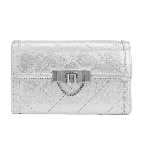 Túi Đeo Chéo Nữ Charles & Keith CNK Tallulah Quilted Metallic Push-Lock Clutch Silver CK2-70701372 Màu Bạc