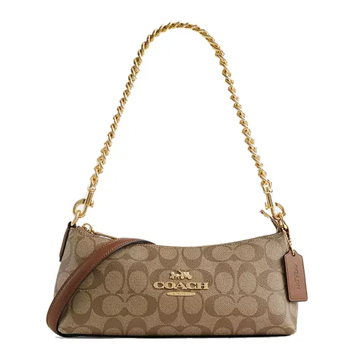 Túi Đeo Vai Nữ Coach Charlotte Shoulder Bag In Signature Canvas CL405 Gold/Khaki Saddle Màu Nâu Khaki